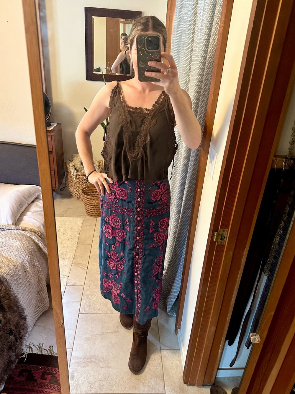 Anthropologie Embroidered Midi Skirt - Blue & Pink - Size 0 - Picture 2 of 13